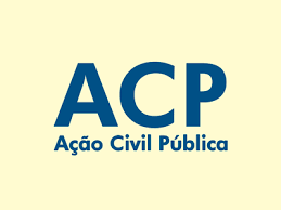 Letras maiúsculas ACP e palavra ação civil pública em azul marinho sobre fundo bege
