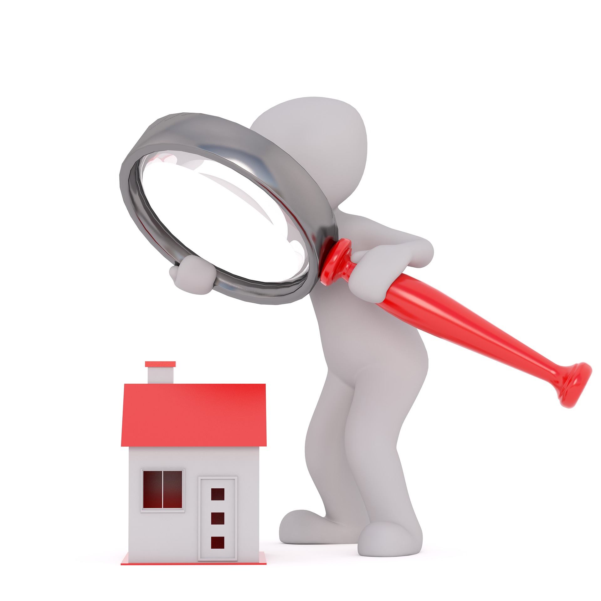 imagem estilizada de uma pessoa em pé olhando por cima de uma pequena casa com uma lupa